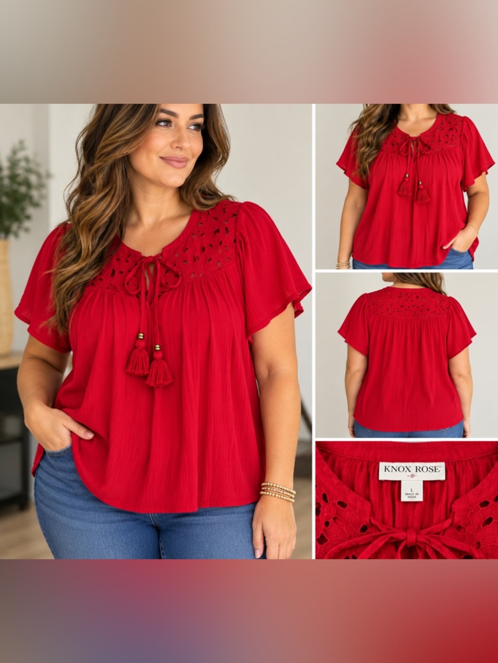 Knox Rose Beautiful Red Embroidered Tassel Tie Flutter Sleeve Blouse